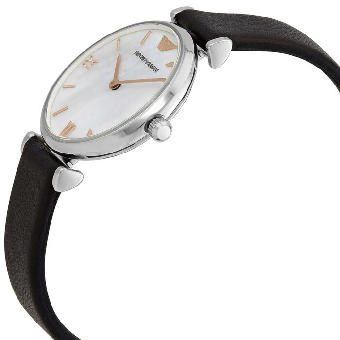 Emporio Armani Gianni T Bar Mother of Pearl Dial Black Leather Strap Watch For Women - AR90002 - Image 3